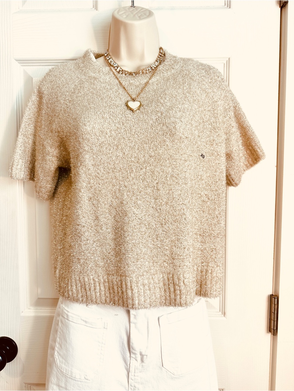 Worthington Metallic Knit Short Sleeve Top - Champagne Beige